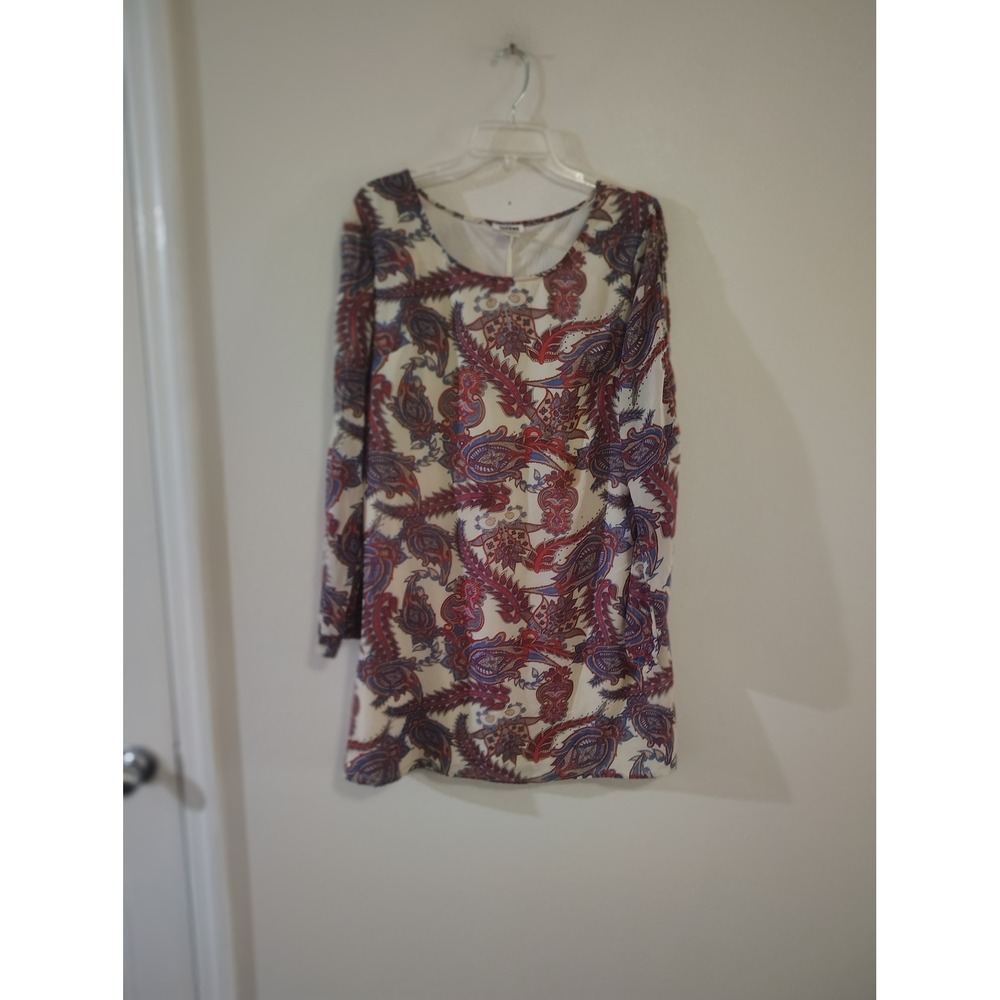 Dizzire XL Paisley Print Long Sleeve Scoop Neck Shift Dress Red Blue Cream
